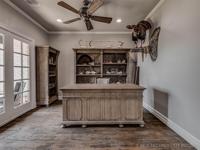 office space featuring crown molding, a wealth of natural light, dark hardwood / wood-style floors, and ceiling fan