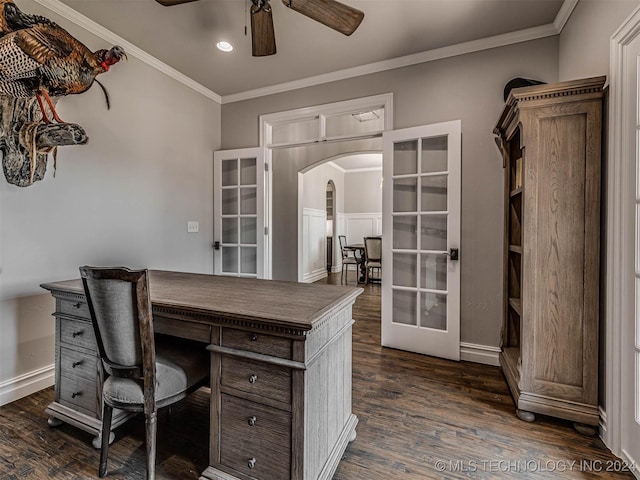 office featuring crown molding, ceiling fan, dark hardwood / wood-style flooring, and french doors