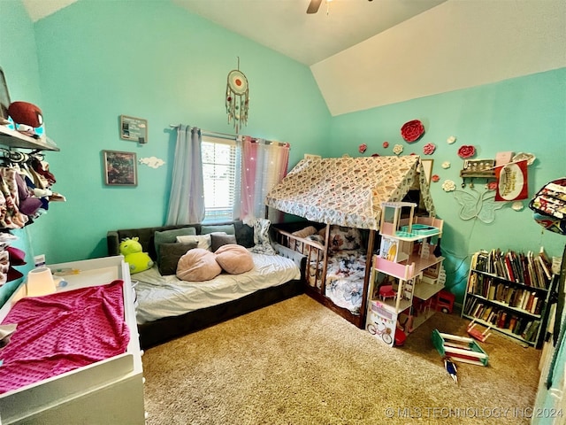 carpeted bedroom with lofted ceiling and ceiling fan