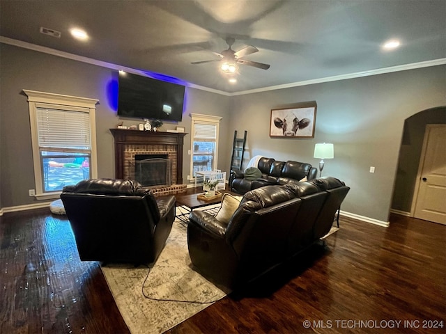 living room with crown molding, dark wood-type flooring, ceiling fan, and a fireplace