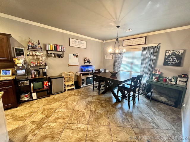 dining space with a fireplace, an inviting chandelier, and ornamental molding