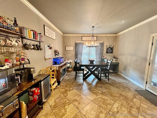 dining area with crown molding, a chandelier, and tile patterned floors