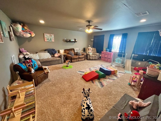 game room featuring ceiling fan and carpet floors