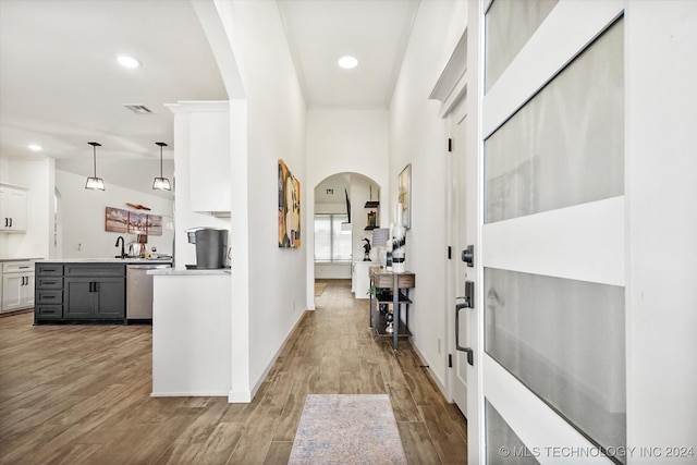 hall with wood-type flooring and sink