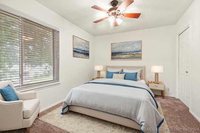 carpeted bedroom featuring ceiling fan and a closet