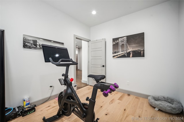 exercise area featuring light hardwood / wood-style flooring