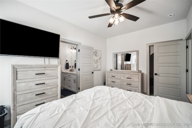 bedroom featuring ceiling fan and ensuite bathroom