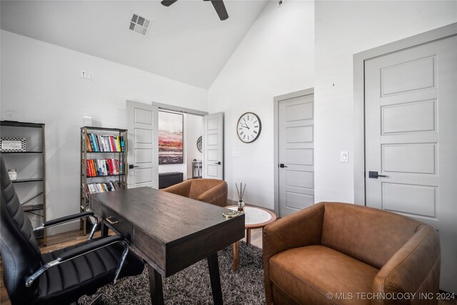 office featuring ceiling fan and high vaulted ceiling