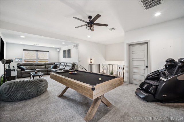 rec room with billiards, light colored carpet, and ceiling fan