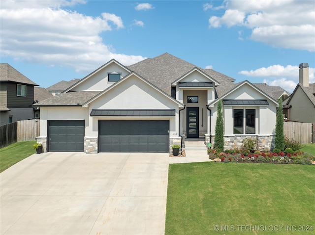 view of front of home featuring a front lawn, a standing seam roof, fence, a shingled roof, and metal roof