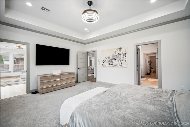 bedroom featuring a raised ceiling and light colored carpet