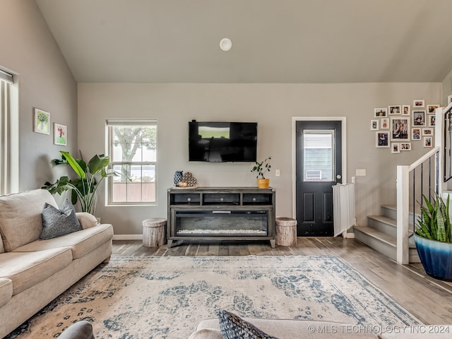 living room featuring lofted ceiling and wood-type flooring