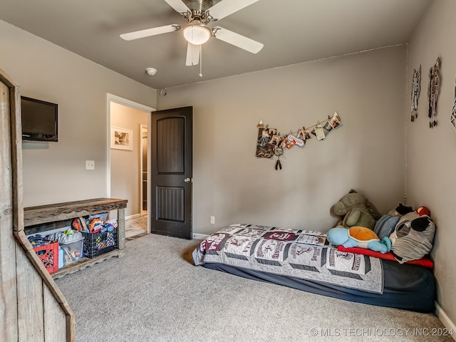 bedroom featuring carpet floors and ceiling fan