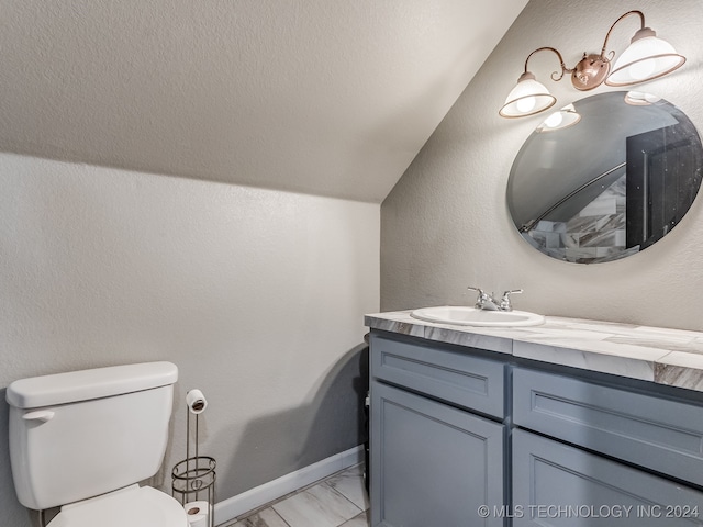 bathroom with vanity, lofted ceiling, and toilet