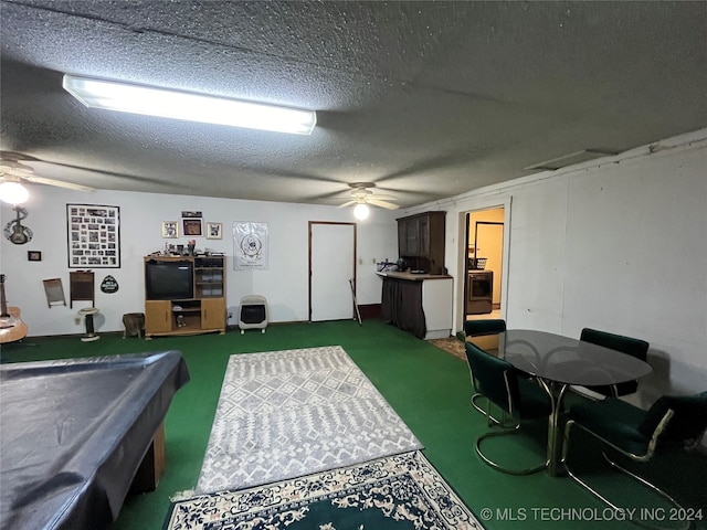 game room featuring pool table, ceiling fan, carpet floors, and a textured ceiling