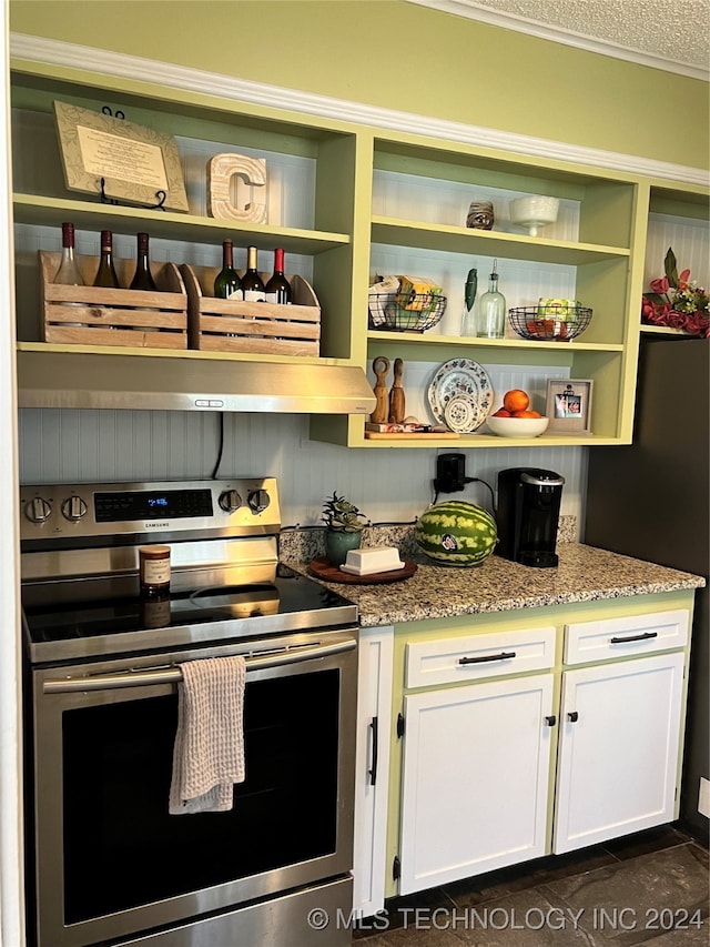 kitchen with crown molding, a textured ceiling, stainless steel electric stove, light stone countertops, and white cabinets