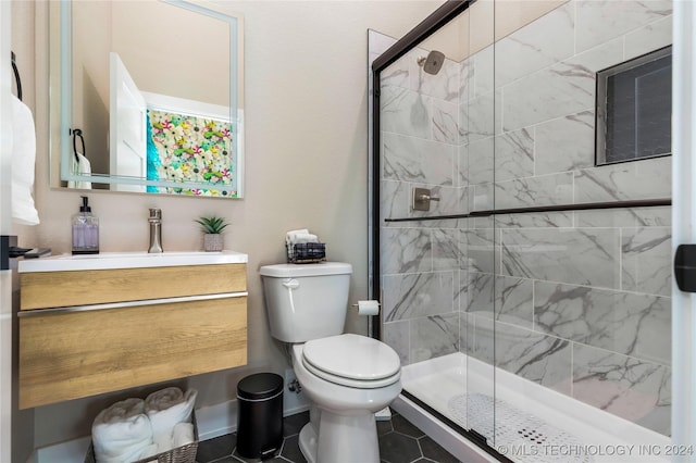 bathroom featuring walk in shower, vanity, and toilet