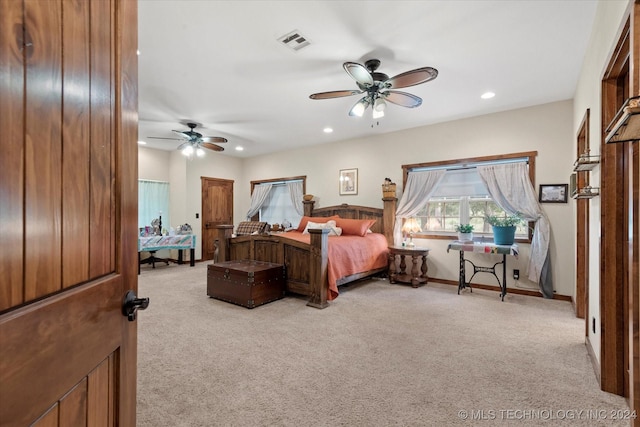 bedroom featuring recessed lighting, light colored carpet, visible vents, and ceiling fan