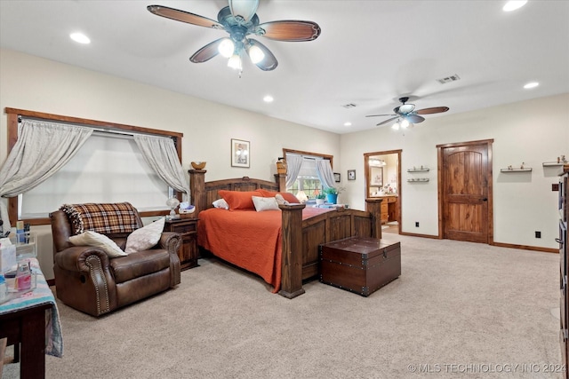 bedroom featuring recessed lighting, baseboards, and light colored carpet