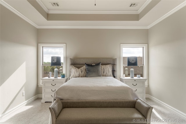 bedroom featuring light carpet, multiple windows, and a tray ceiling