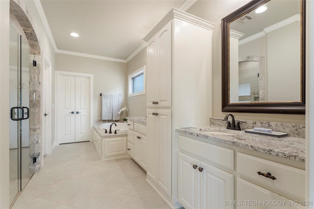 bathroom with crown molding, vanity, separate shower and tub, and tile patterned floors