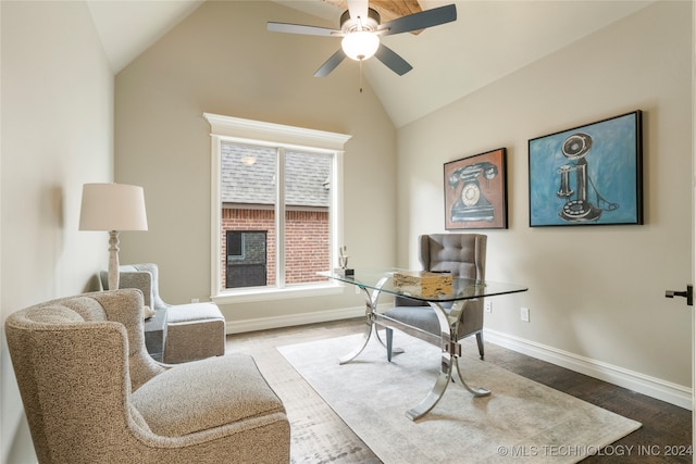 office featuring lofted ceiling, hardwood / wood-style floors, and ceiling fan