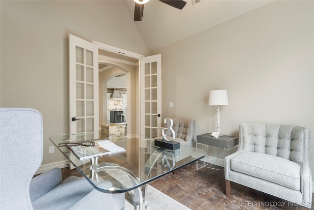 sitting room featuring lofted ceiling and ceiling fan