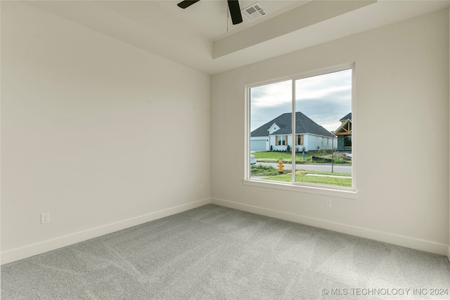 unfurnished room with a tray ceiling, ceiling fan, and carpet floors