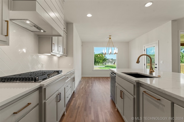 kitchen featuring backsplash, premium range hood, sink, dark hardwood / wood-style floors, and appliances with stainless steel finishes