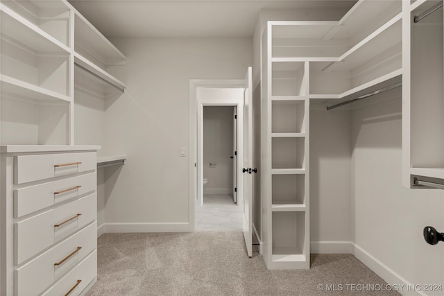 walk in closet featuring light carpet