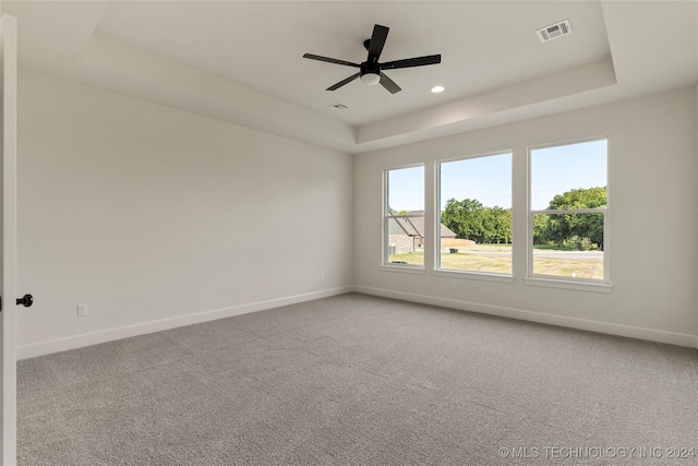 carpeted spare room featuring a tray ceiling, ceiling fan, and a healthy amount of sunlight