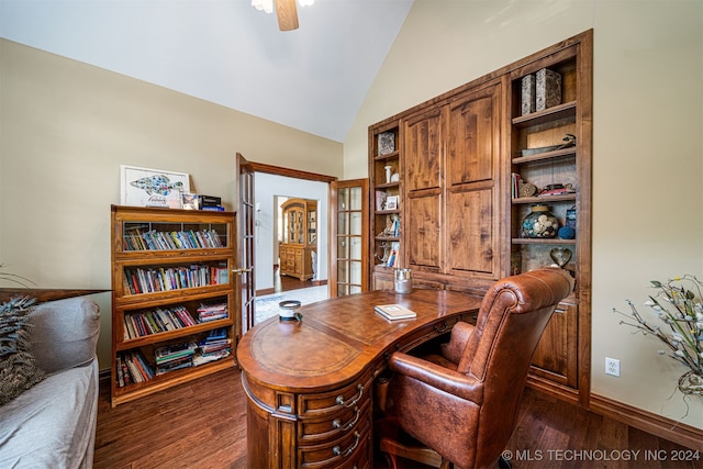 interior space with dark wood-type flooring, lofted ceiling, and ceiling fan