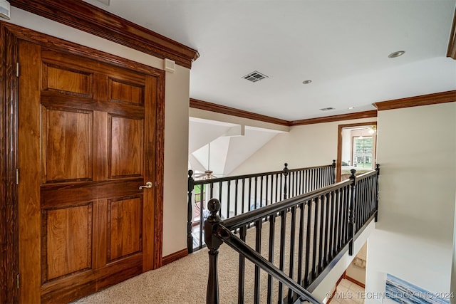 hallway featuring crown molding and carpet flooring