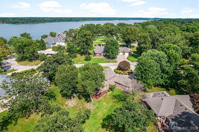 drone / aerial view featuring a water view