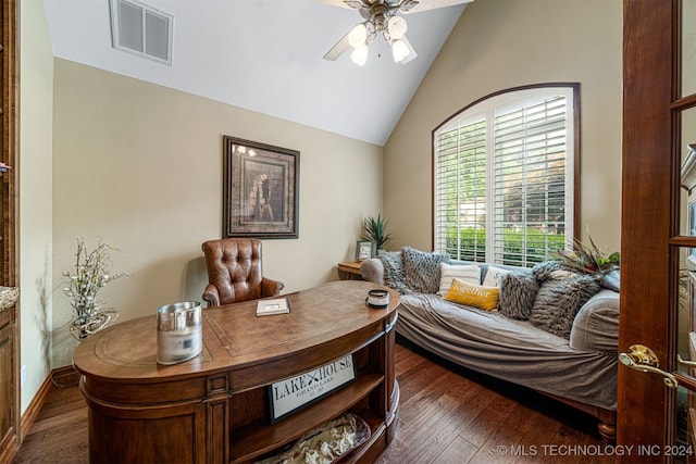 office with lofted ceiling, ceiling fan, and dark hardwood / wood-style flooring