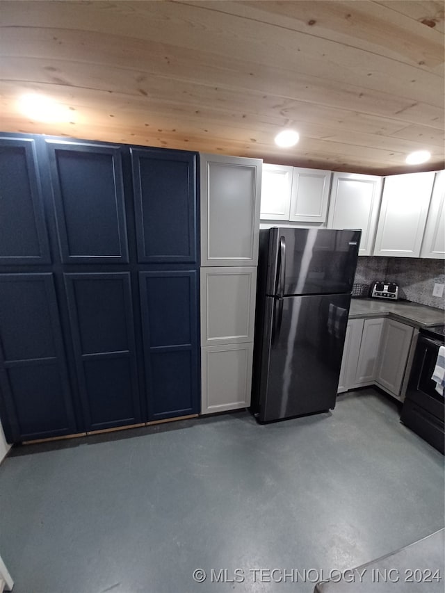 kitchen featuring black appliances, blue cabinets, white cabinetry, and wooden ceiling