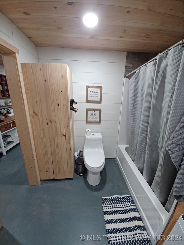 bathroom with wooden ceiling, toilet, concrete floors, and shower / bathtub combination with curtain