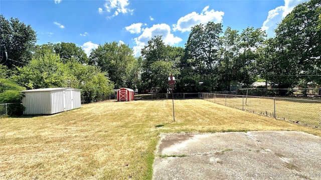 view of yard featuring a storage shed