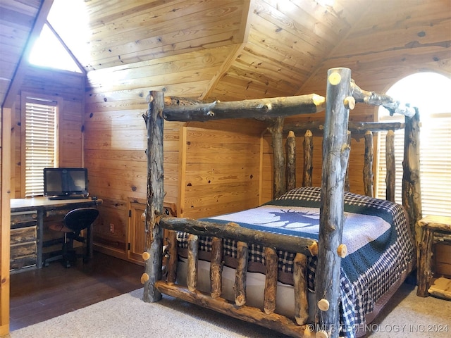 bedroom featuring wooden ceiling, lofted ceiling, wooden walls, and dark hardwood / wood-style floors