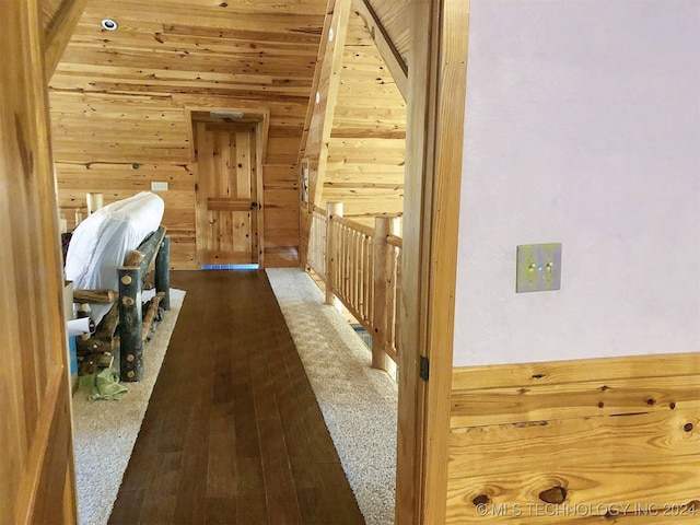 hallway with wood walls and dark hardwood / wood-style flooring