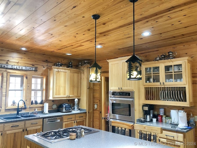 kitchen featuring decorative light fixtures, wood ceiling, appliances with stainless steel finishes, and light brown cabinets