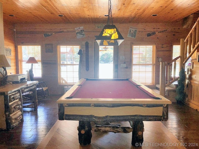 playroom with dark wood-type flooring, billiards, and wood ceiling