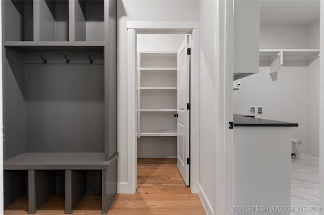 mudroom with light hardwood / wood-style flooring