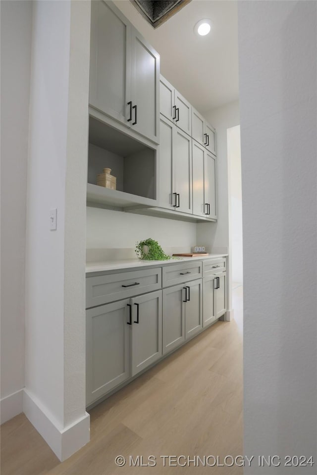 kitchen with light hardwood / wood-style floors and gray cabinetry