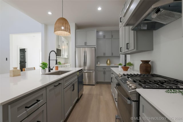 kitchen with light wood-type flooring, ventilation hood, stainless steel appliances, sink, and gray cabinets