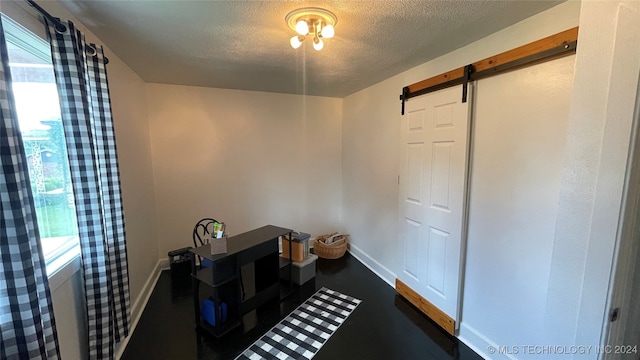 miscellaneous room featuring a barn door and a textured ceiling