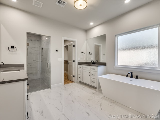 bathroom with shower with separate bathtub and vanity