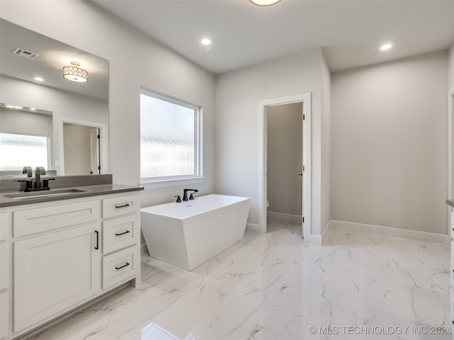 bathroom featuring a washtub, toilet, and vanity