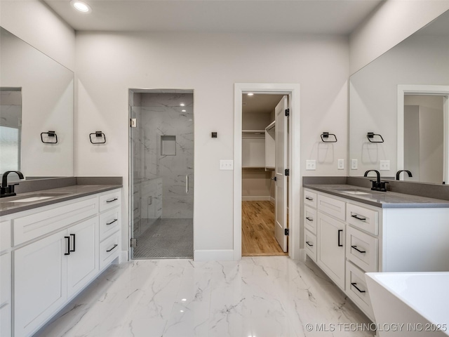 bathroom with independent shower and bath and vanity