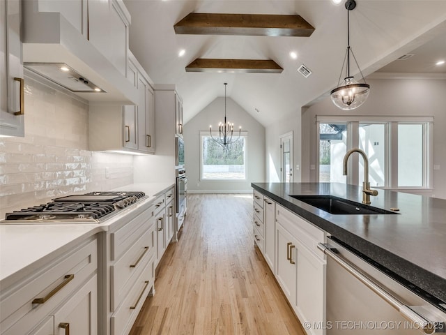 kitchen with pendant lighting, sink, white cabinets, custom exhaust hood, and stainless steel appliances